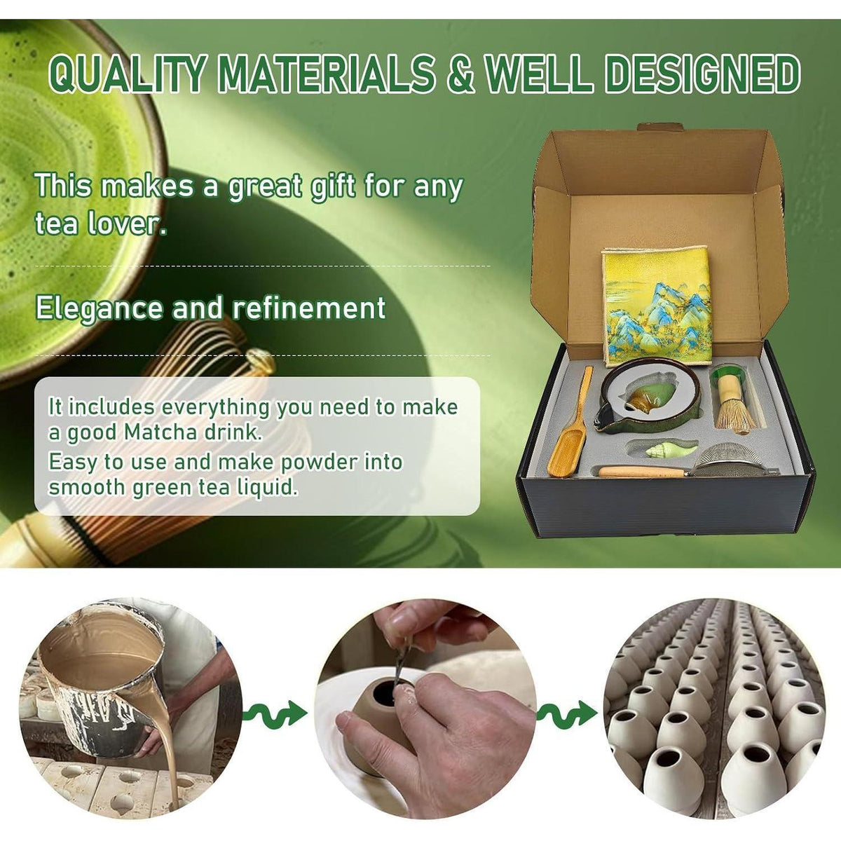 9-teiliges Matcha Tee Set mit Besen & Schale