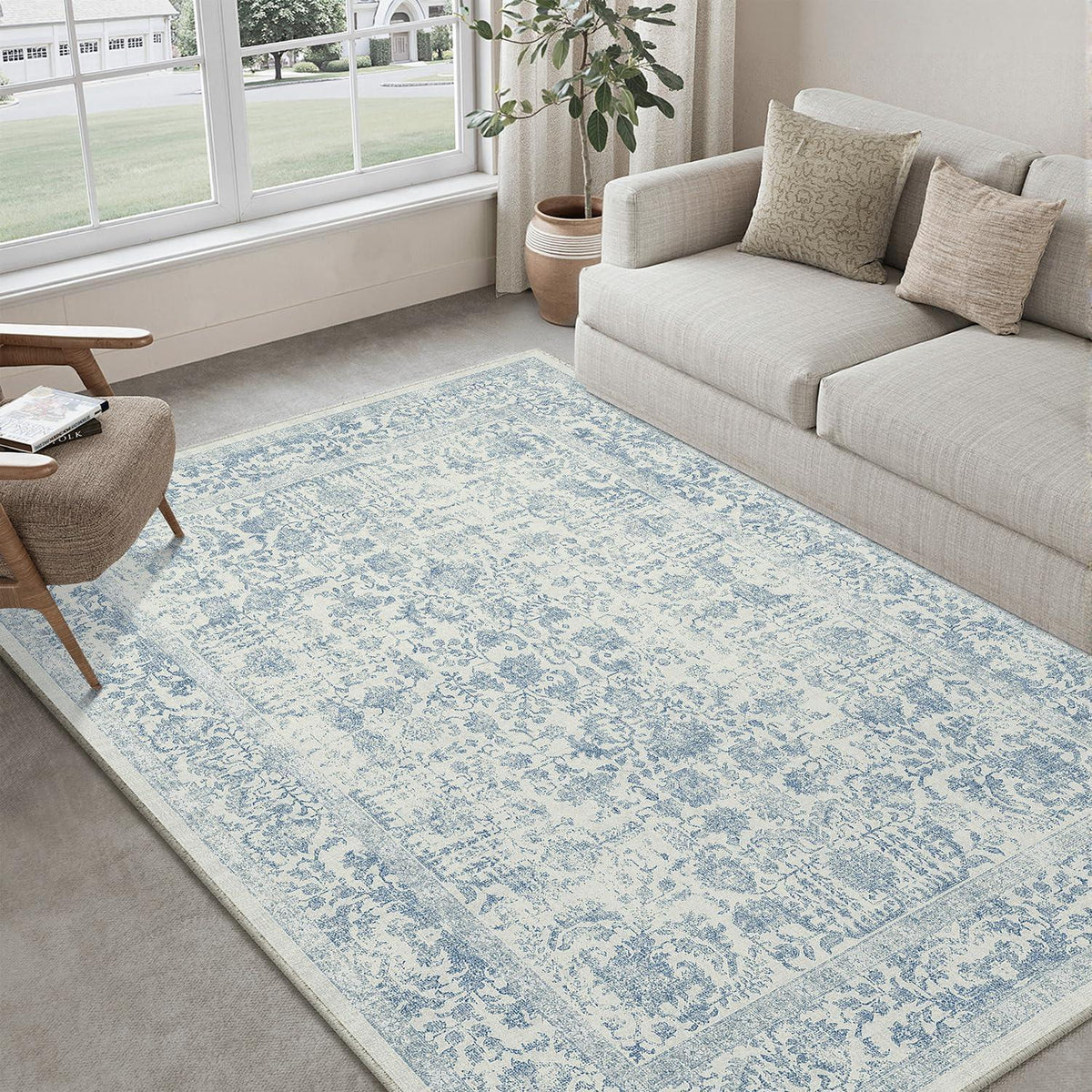 Vintage Teppich Blau 150x210cm Waschbar – Wohnzimmer Teppich