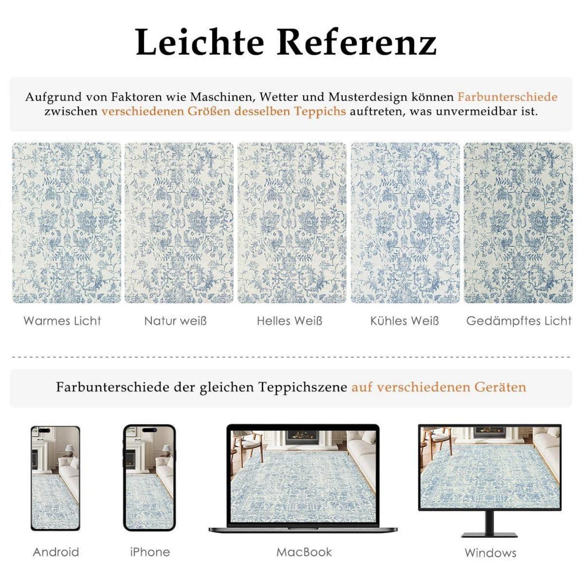 Vintage Teppich Blau 150x210cm Waschbar – Wohnzimmer Teppich