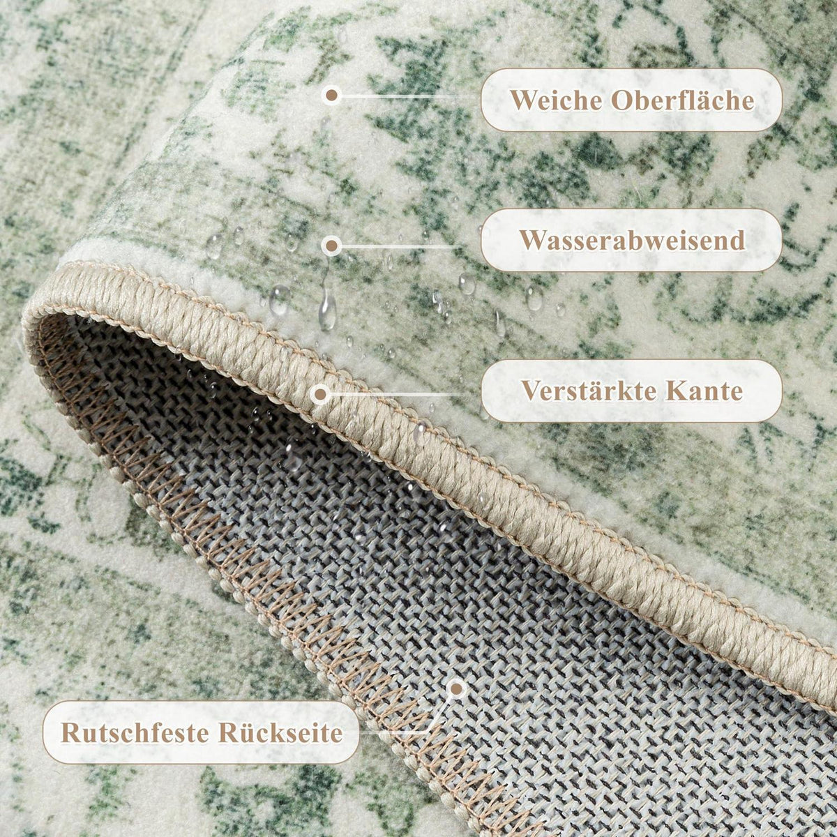 Vintage Läufer Teppich Grün 60x180cm Waschbar Flur Teppich