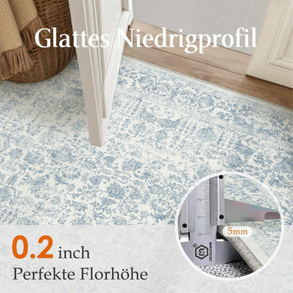 Vintage Teppich Blau 90x150cm Waschbar – Wohnzimmer Teppich