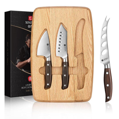4-teiliges Käsemesser Set mit Roteiche Brett & Edelstahl