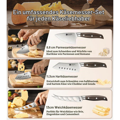 4-teiliges Käsemesser Set mit Roteiche Brett & Edelstahl