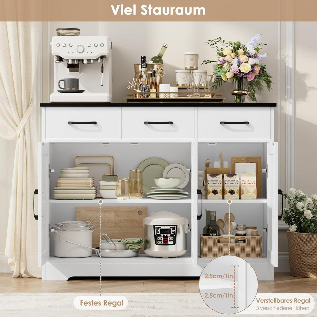 Sideboard mit Schubladen & Türen – Küchenschrank Weiß & Schwarz