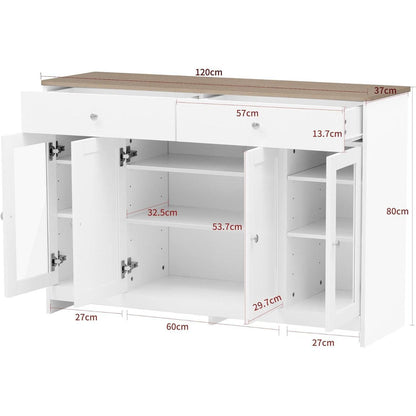 Weißes Sideboard mit Glastüren & Schubladen – 120x37x80cm