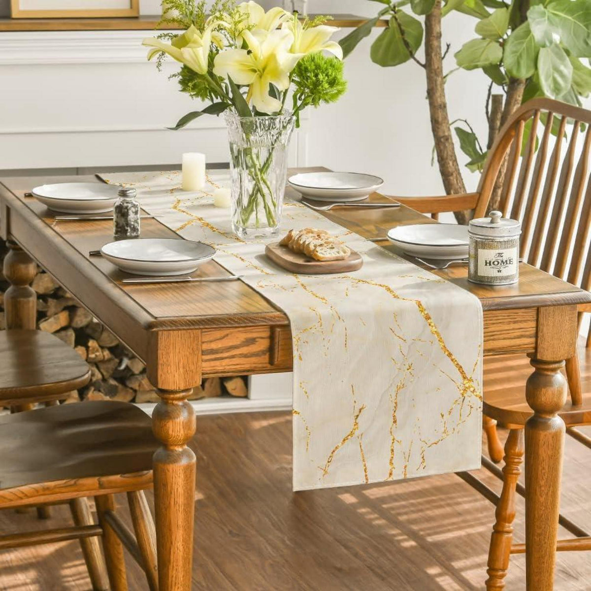 Moderner Tischläufer Leinen Weiß Gold 40x180 cm Marmor Optik