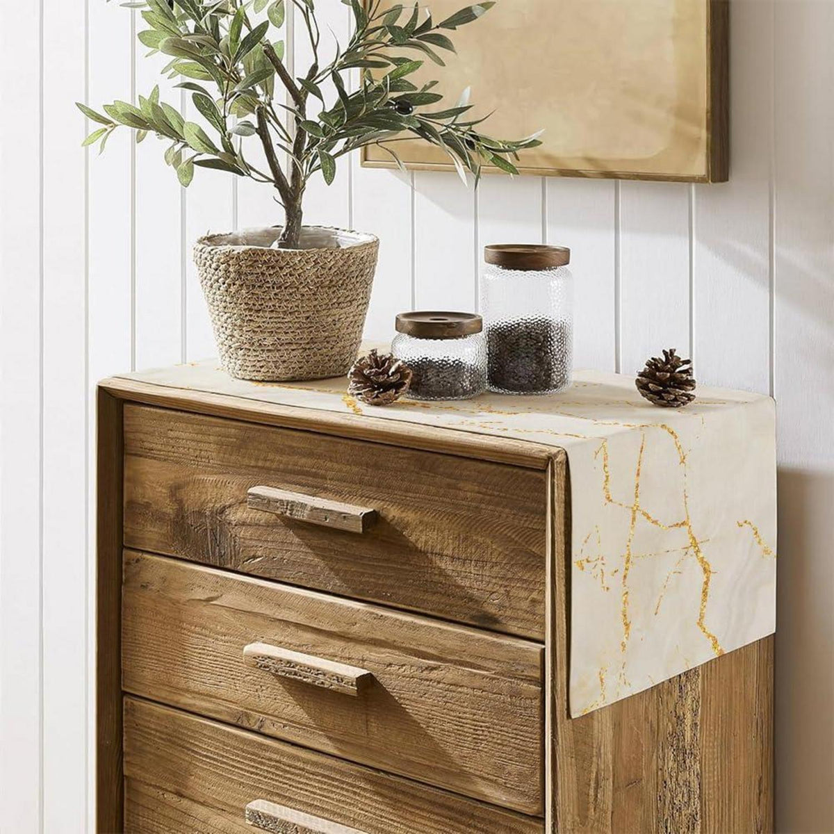 Moderner Tischläufer Leinen Weiß Gold 40x180 cm Marmor Optik