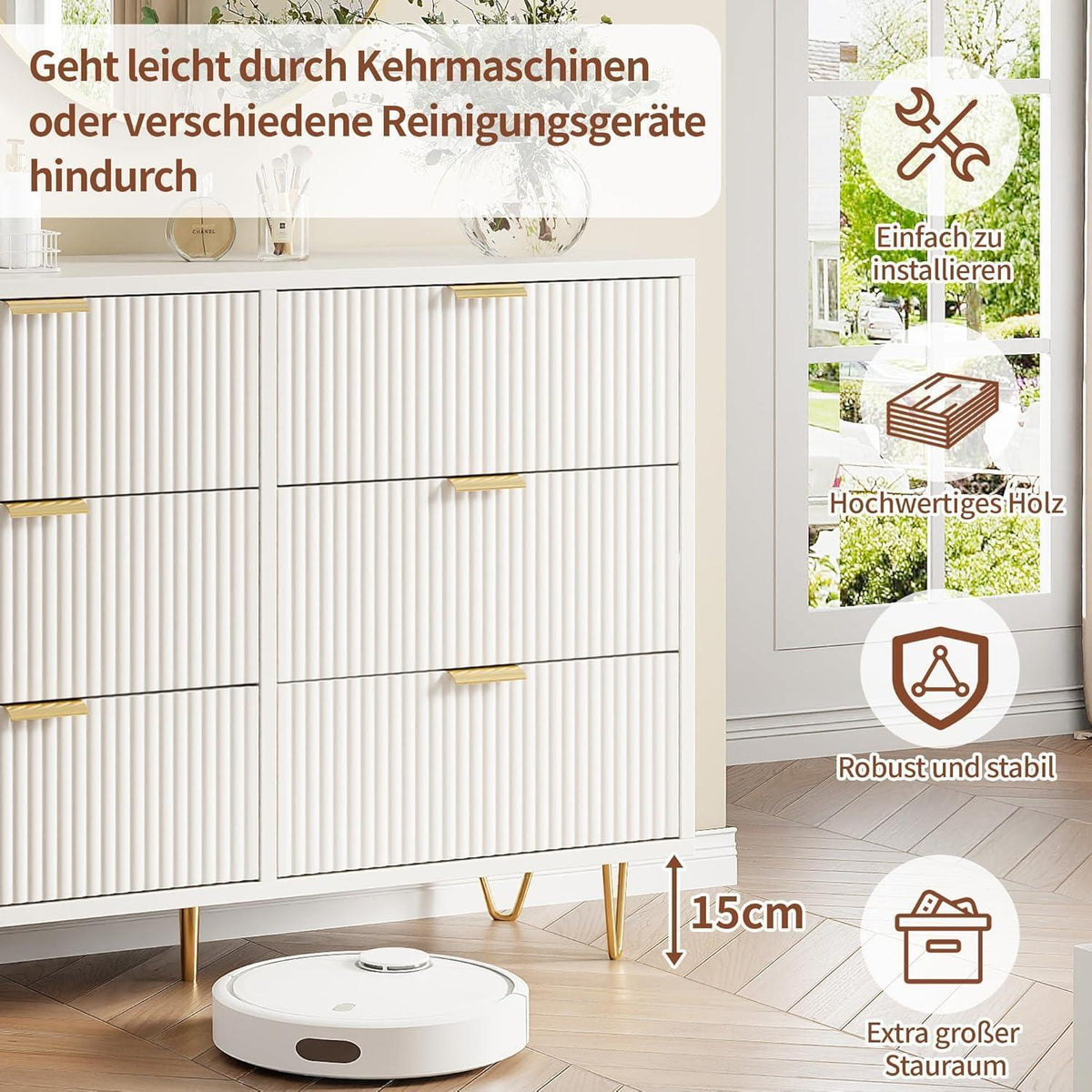 Weißer Schubladenschrank mit Metallfüßen & Griffen – 6 Schubladen