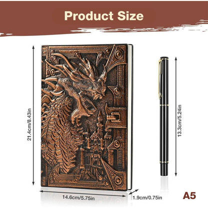 A5 Tagebuch mit Drachen-Prägung & Stift – Vintage Notizbuch