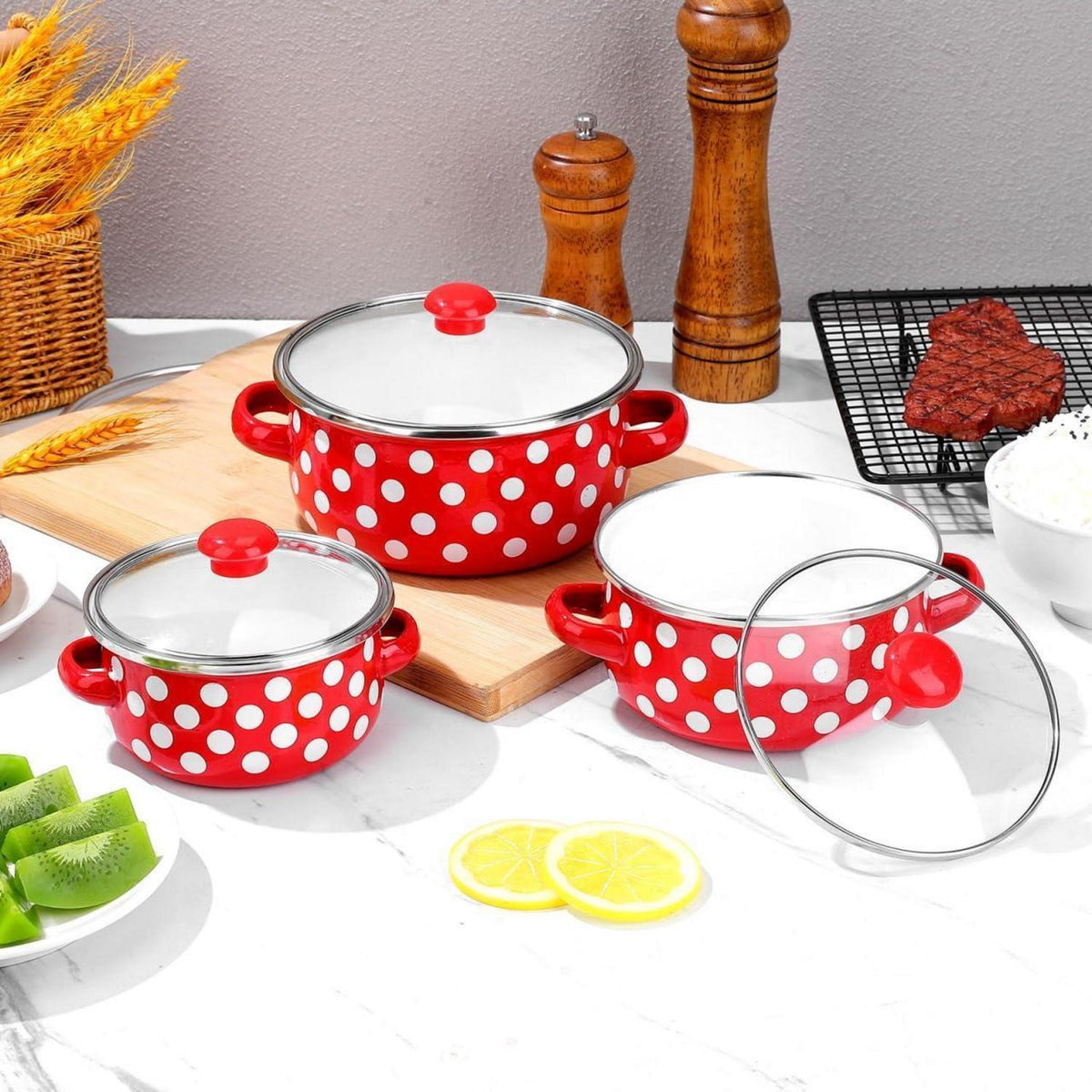 Emaille-Suppentopf Set 3-teilig – Kochtopf klein mit Deckel
