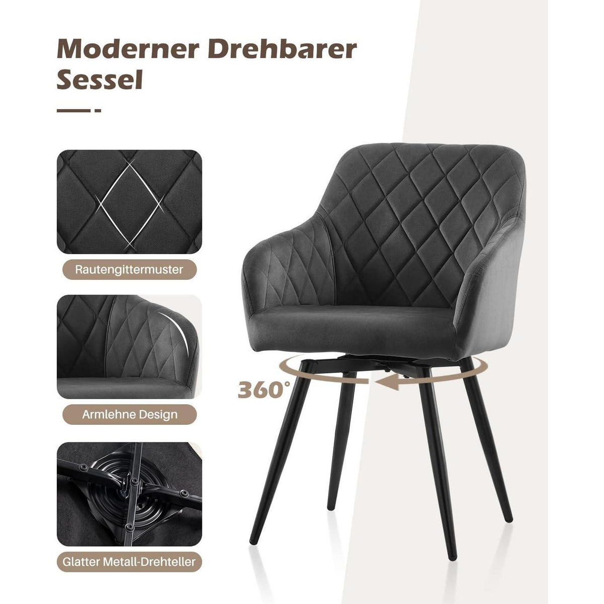 Drehbare Esszimmerstühle Set 2 – Samt, Grau