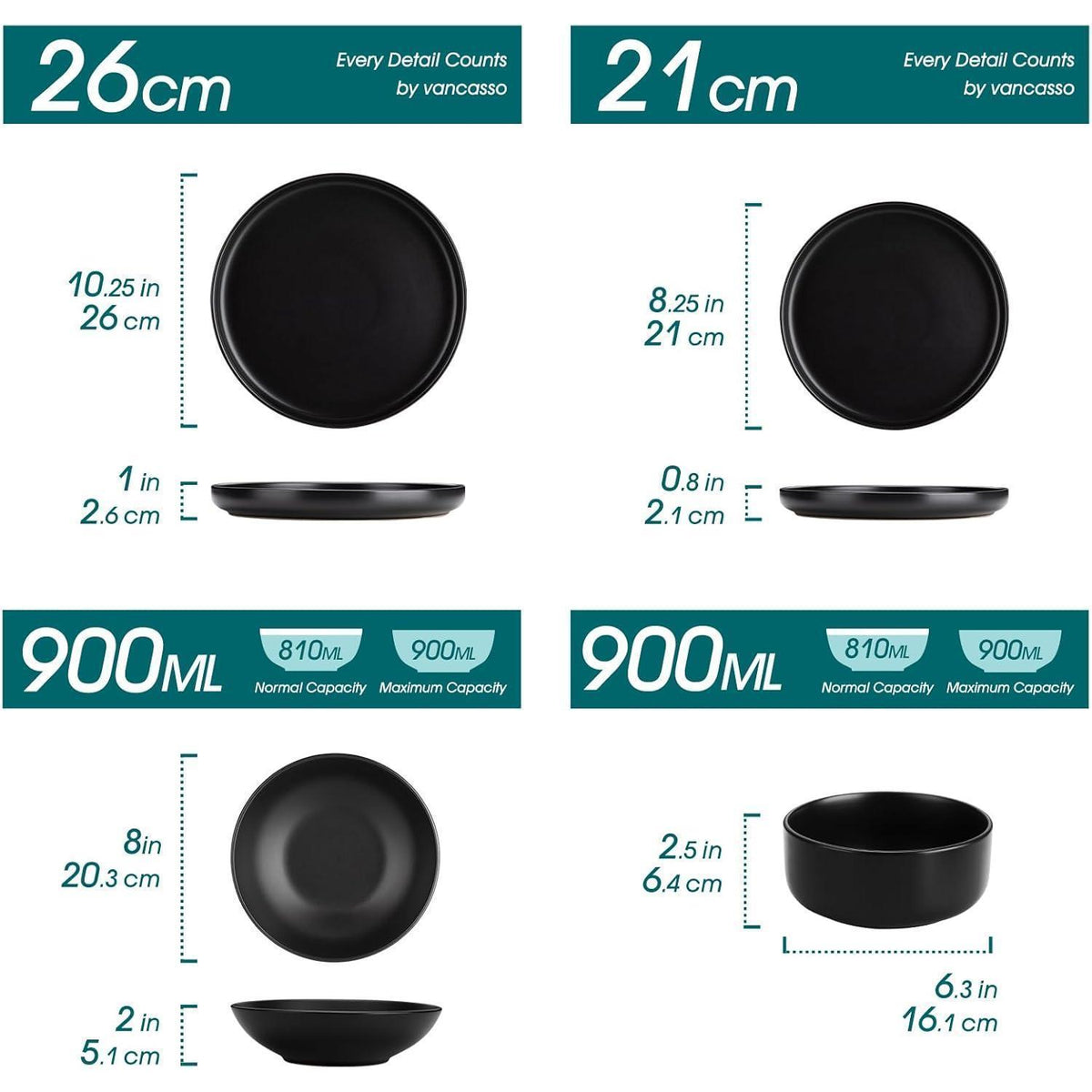 Steingut Geschirrset 24tlg für 6 Personen, Schwarz