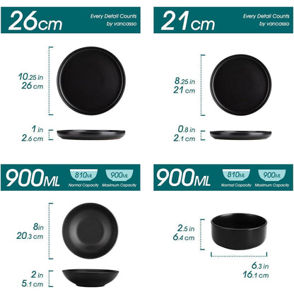 Steingut Geschirrset 24tlg für 6 Personen, Schwarz