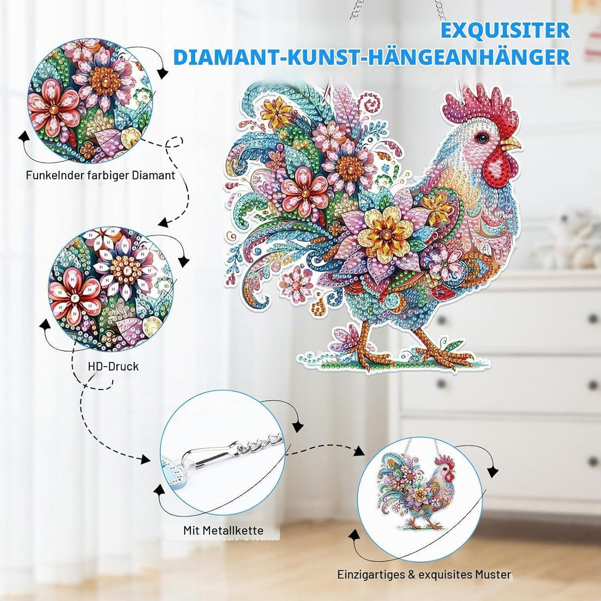 Diamant Painting Anhänger Huhn – Bastelset für Kinder & Erwachsene