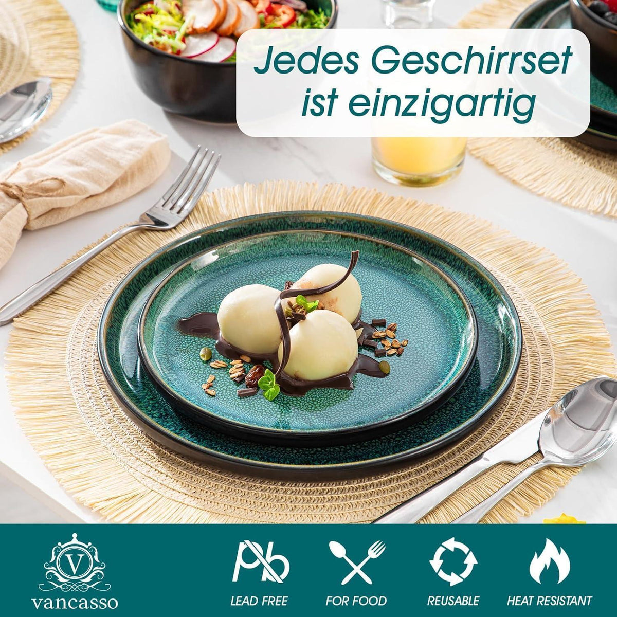 Steingut Geschirrset 18tlg für 6 Personen, Grün, Mediterranes Design