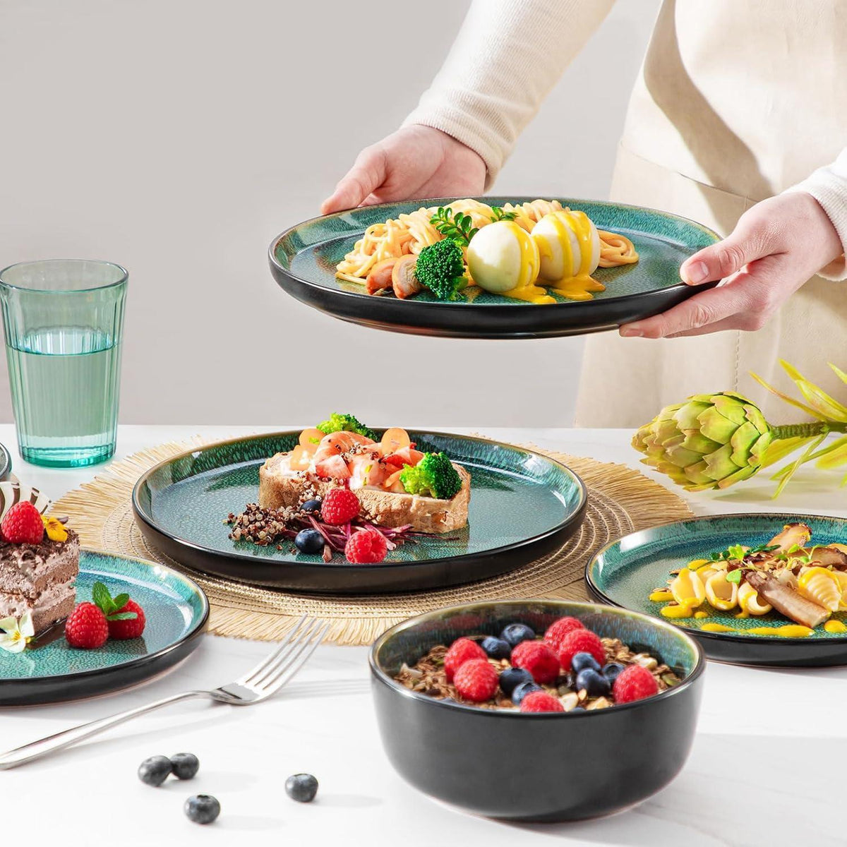 Steingut Geschirrset 18tlg für 6 Personen, Grün, Mediterranes Design