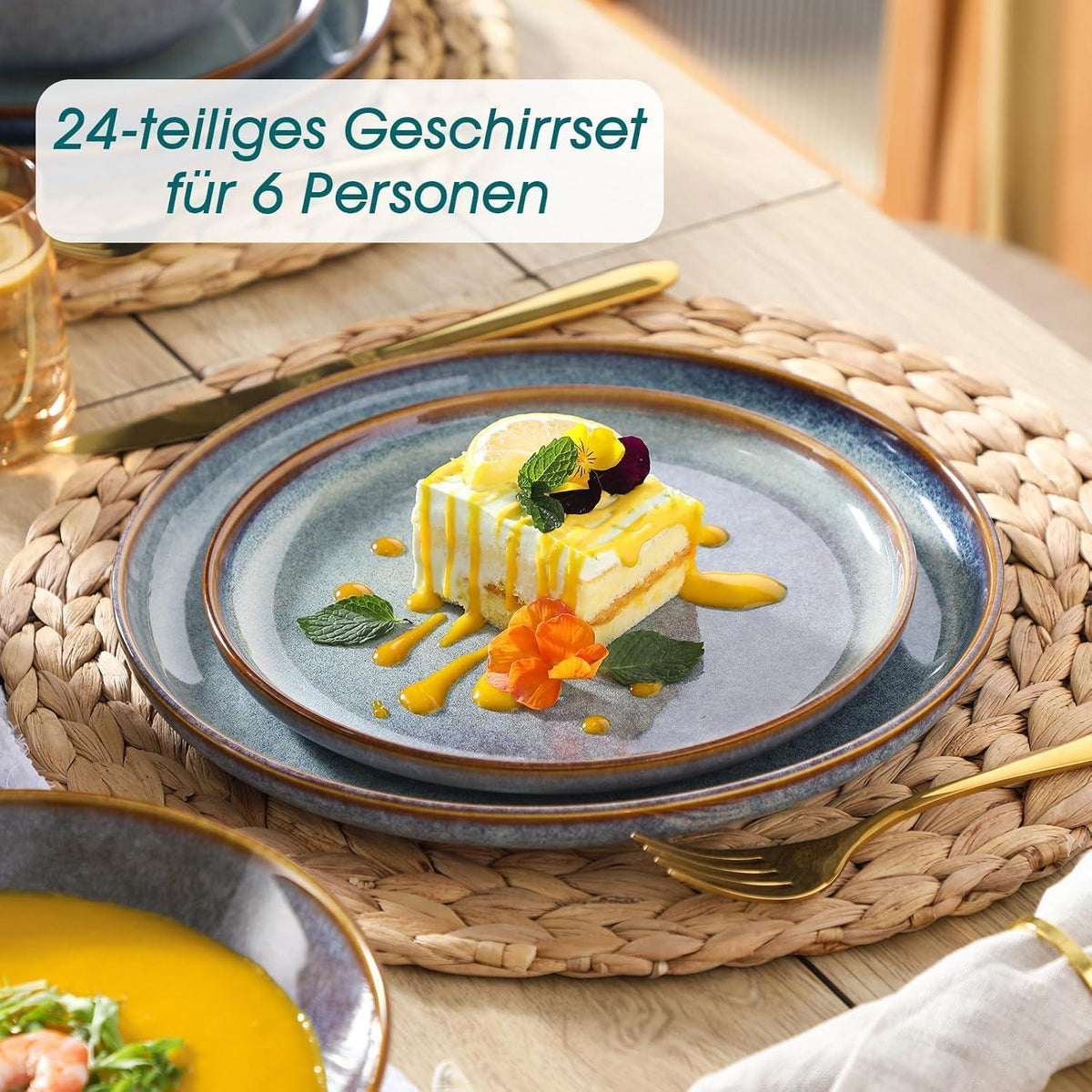 24-teiliges Geschirrset für 6 Personen, Steingut, Lavendelblau