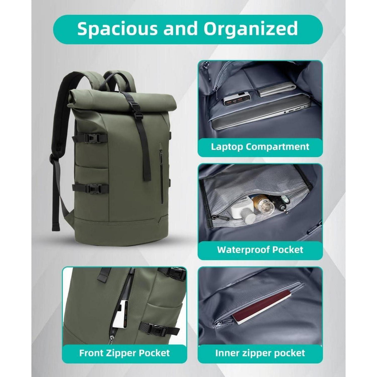 Rolltop Rucksack 33L Wasserdicht – Laptop & Fahrradrucksack Grün