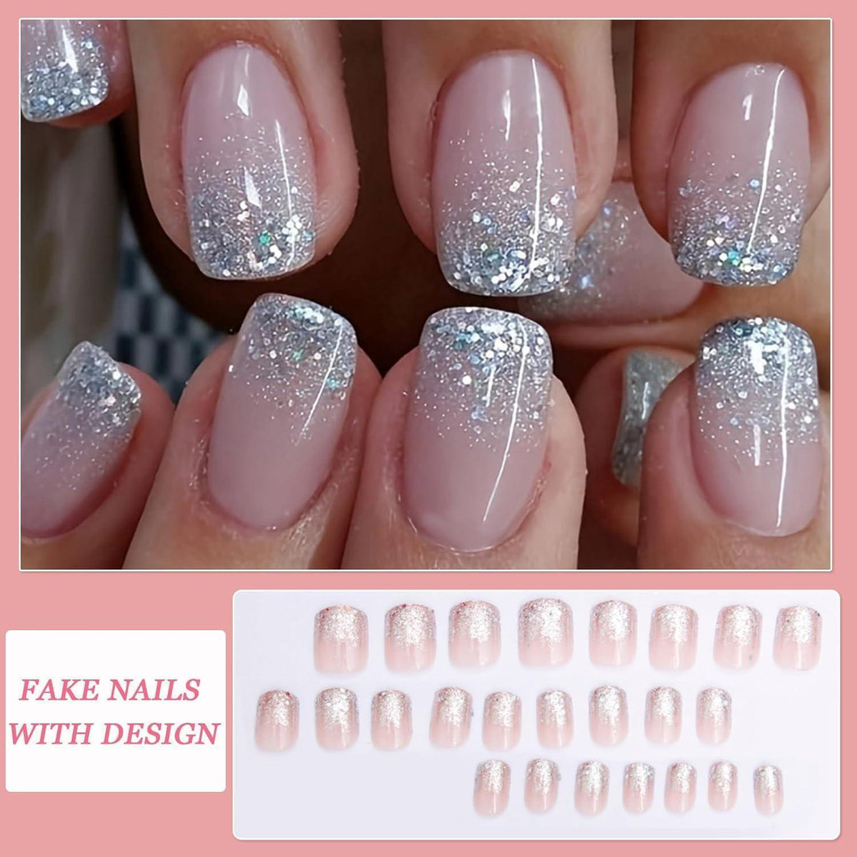 Rosa Glitzer Press On Nails - 24 Stück French Design
