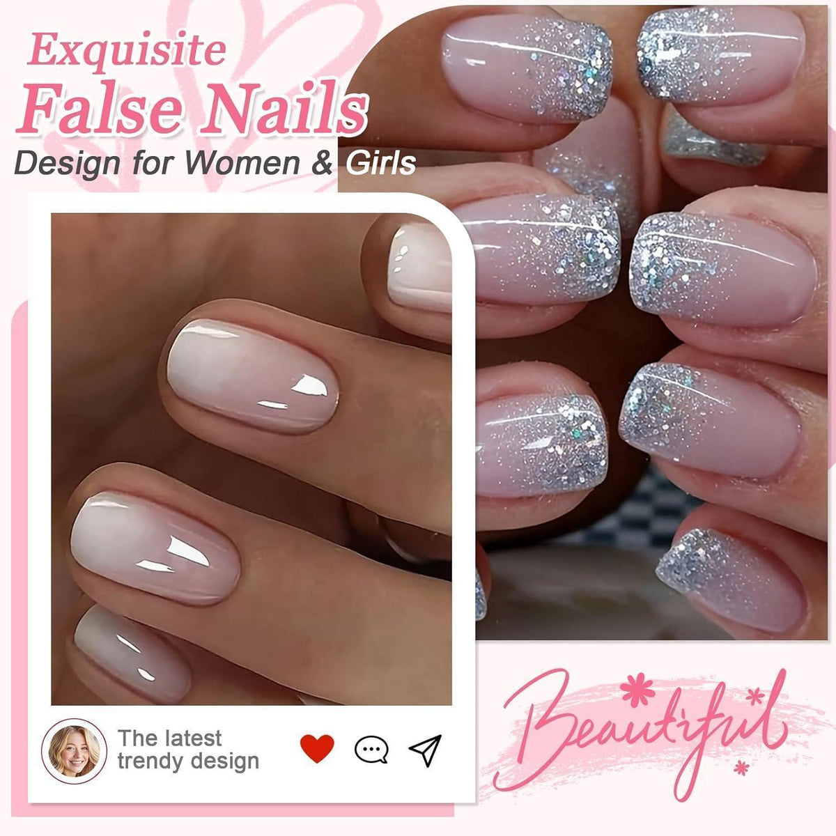Rosa Glitzer Press On Nails - 24 Stück French Design