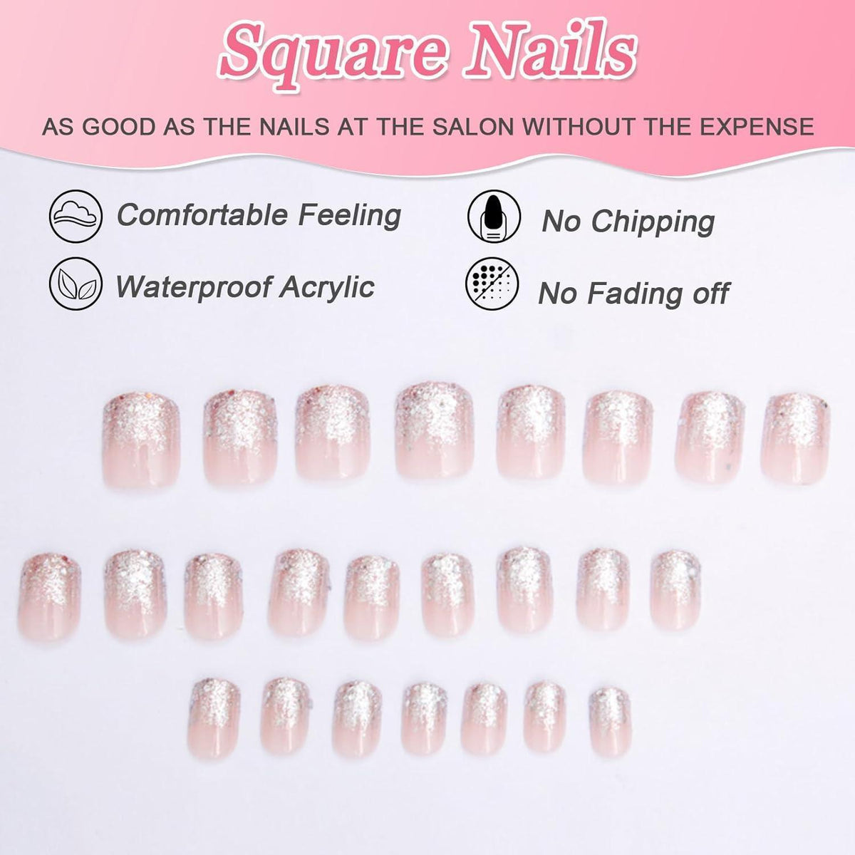 Rosa Glitzer Press On Nails - 24 Stück French Design