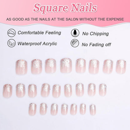 Rosa Glitzer Press On Nails - 24 Stück French Design
