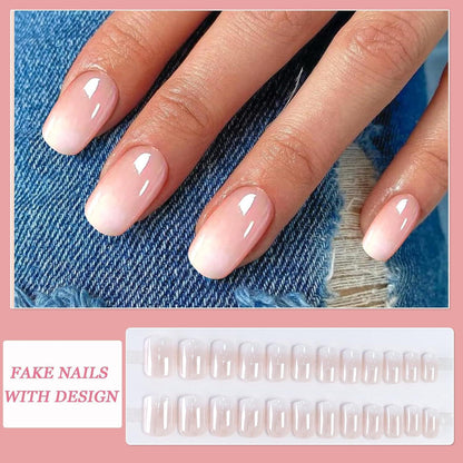 Kurze Eckige French Press on Nails Rosa Weiß Farbverlauf