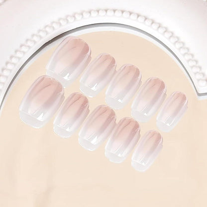 Kurze Eckige French Press on Nails Rosa Weiß Farbverlauf