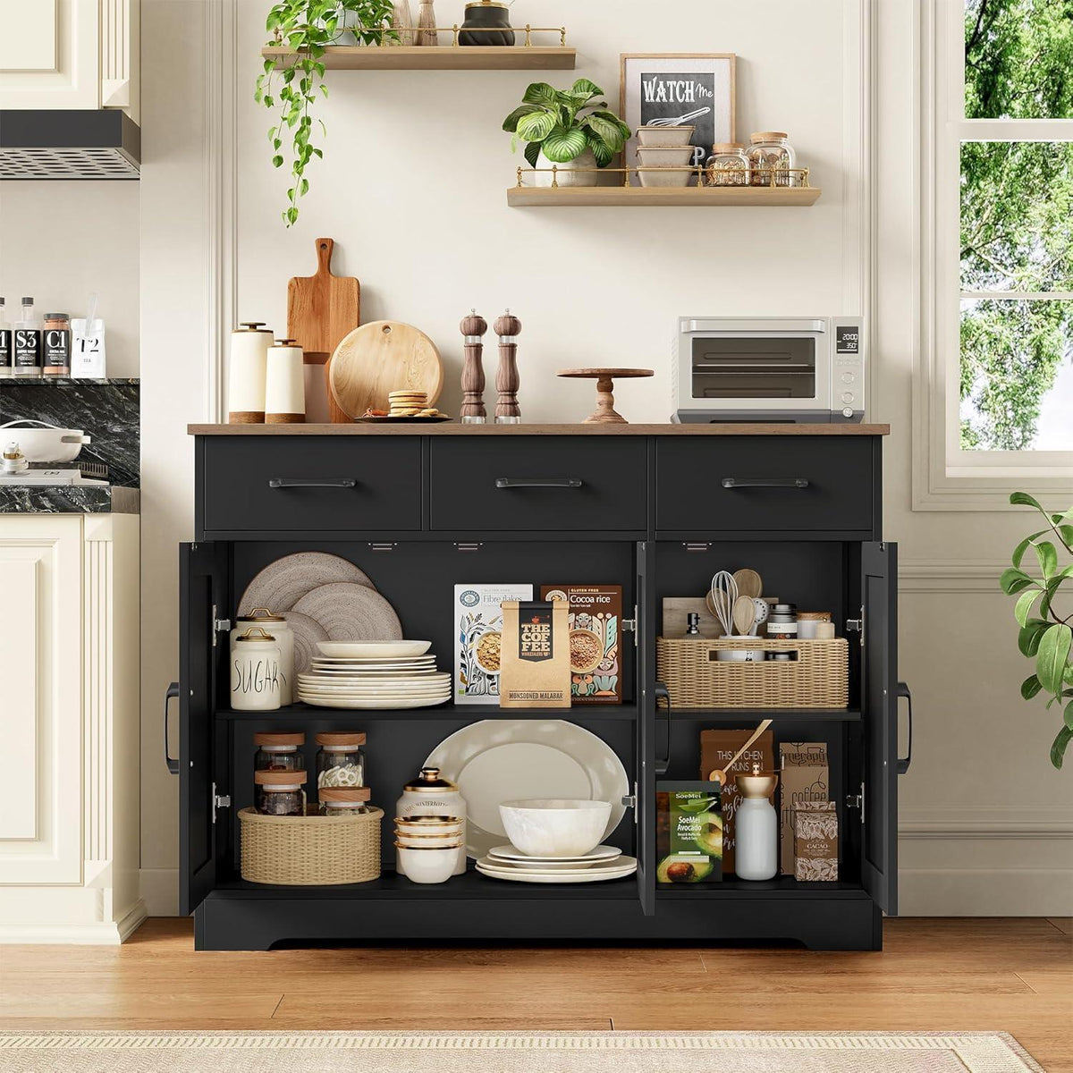 Sideboard Küchenschrank mit 3 Schubladen & 3 Türen – Antik Braun/Schwarz