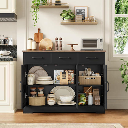 Sideboard Küchenschrank mit 3 Schubladen & 3 Türen – Antik Braun/Schwarz