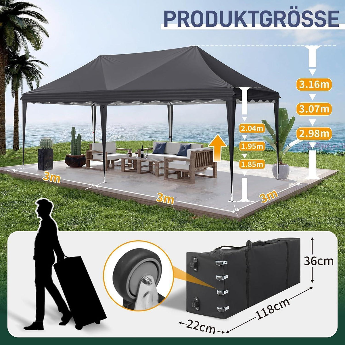 Faltpavillon 3x6m – Wasserdicht, UV-Schutz 50+, für Garten & Party