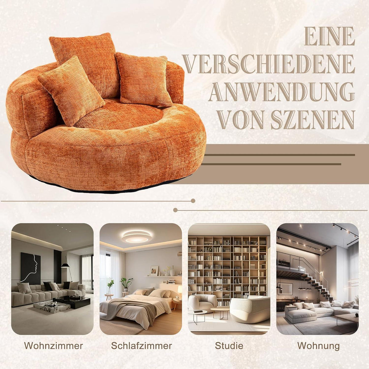 Lazy Sitzsack mit hohem Rücken & 3 Kissen – Orange