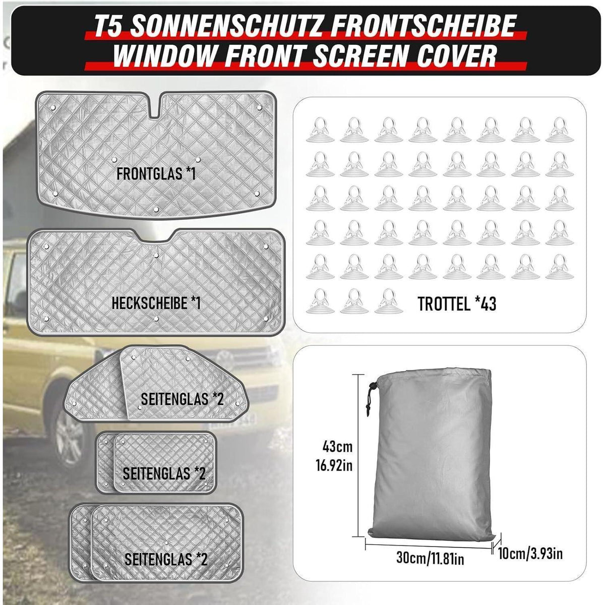 Thermo Jalousien Set VW T5/T6 LWB – 8tlg. Sonnenschutz Matte