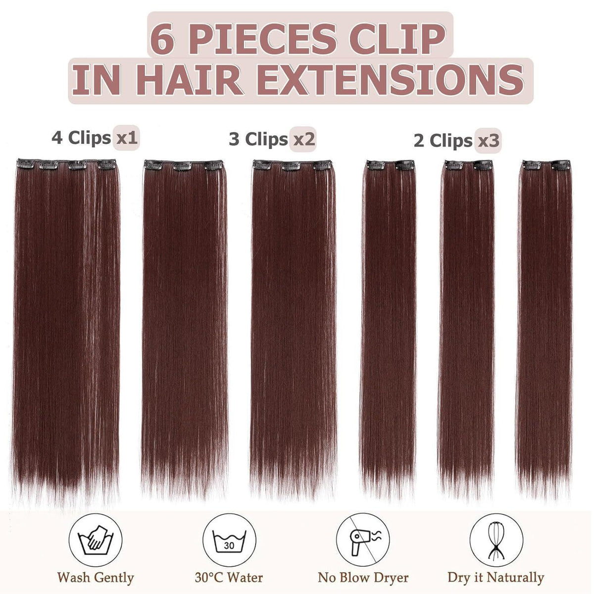 Haarverlängerung Clip-in Glatt Rotbraun 65cm