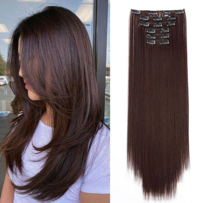 Dunkelbraune Haarverlängerung Clip-In 65cm – Synthetisch & Wiederverwendbar