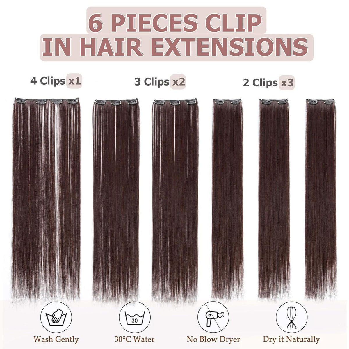 Dunkelbraune Haarverlängerung Clip-In 65cm – Synthetisch & Wiederverwendbar