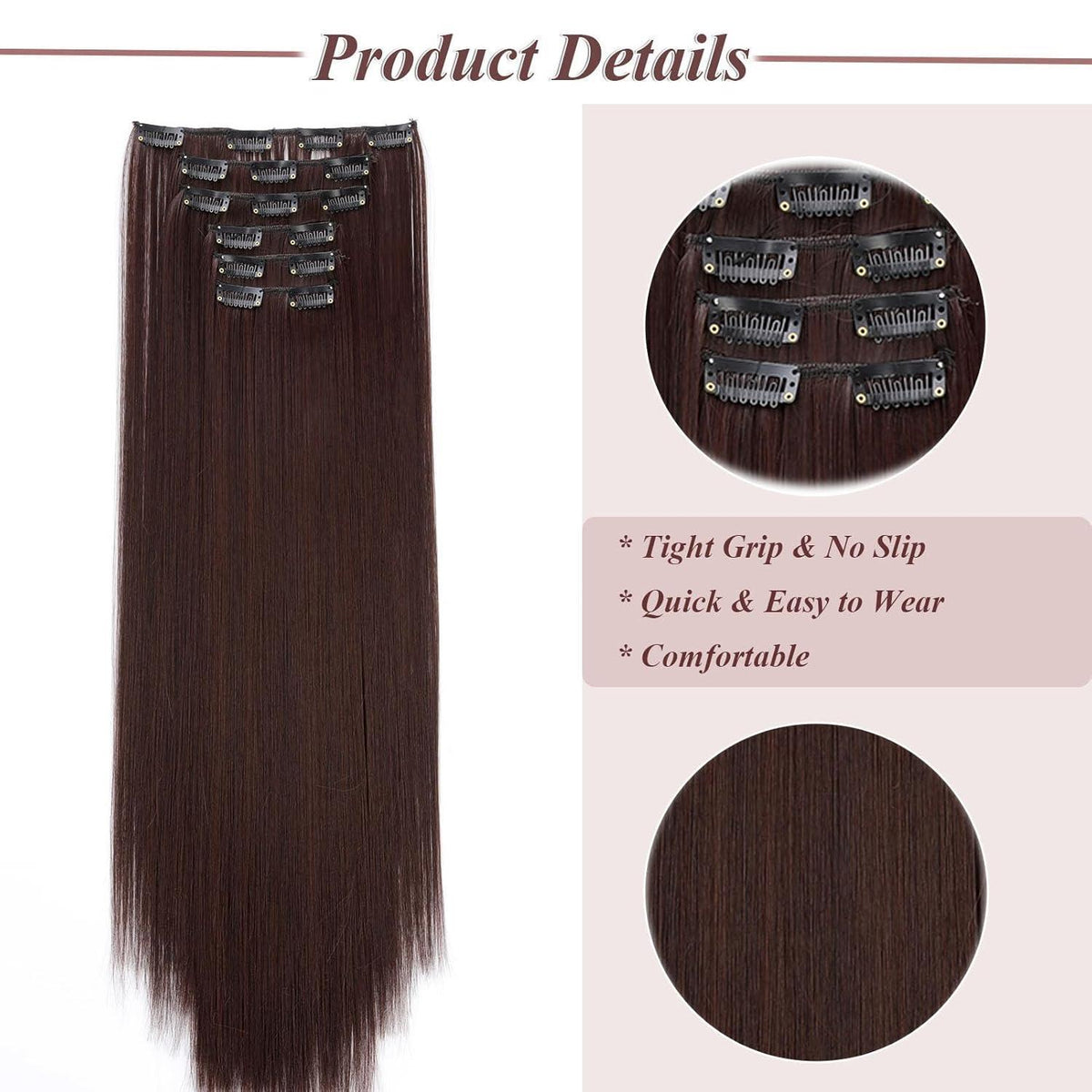 Dunkelbraune Haarverlängerung Clip-In 65cm – Synthetisch & Wiederverwendbar