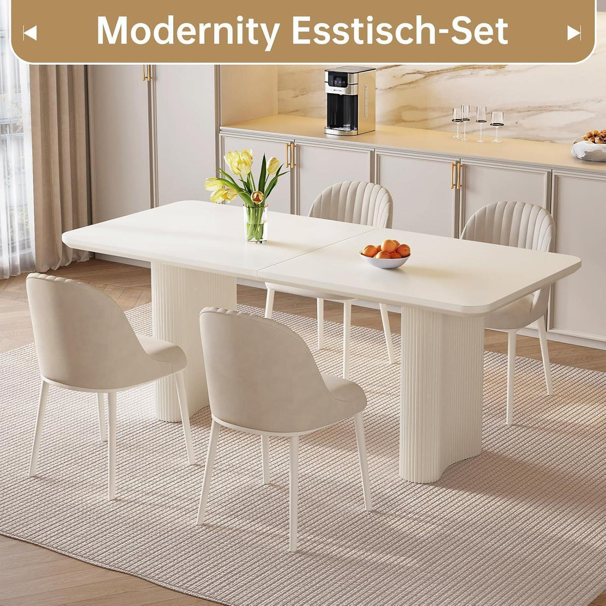 Weißer Esstisch Set mit 6 gepolsterten Stühlen – Modernes Design