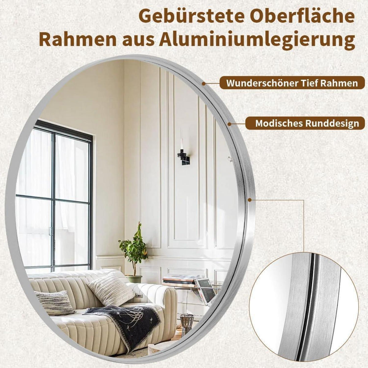 Runder Wandspiegel 120cm mit tiefem Silberrahmen