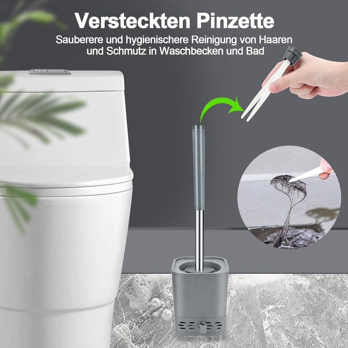 Silikon Klobürste mit Behälter, Wandmontage & Stehen, Grau