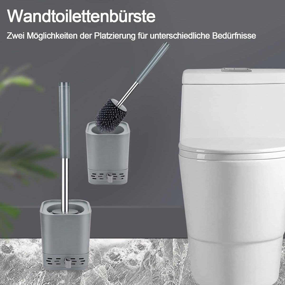 Silikon Klobürste mit Behälter, Wandmontage & Stehen, Grau