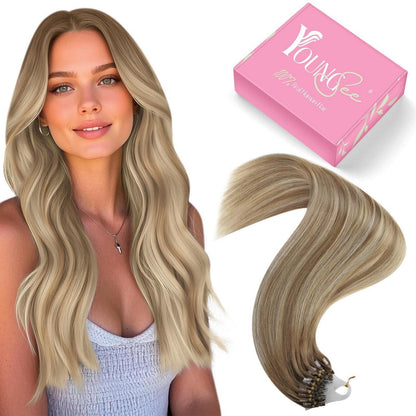 Echthaar Micro Ring Extensions Ombre Hellbraun Platinblond 55cm