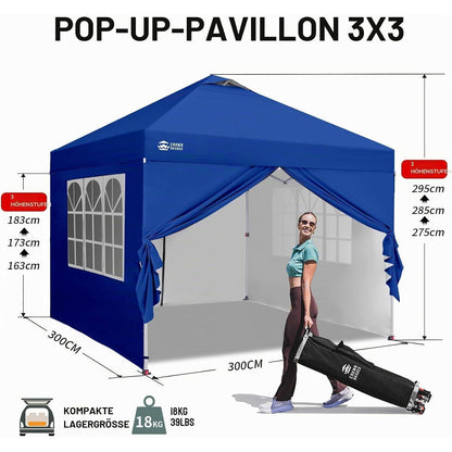 3x3m Faltpavillon wasserdicht mit Seitenwänden & UV-Schutz