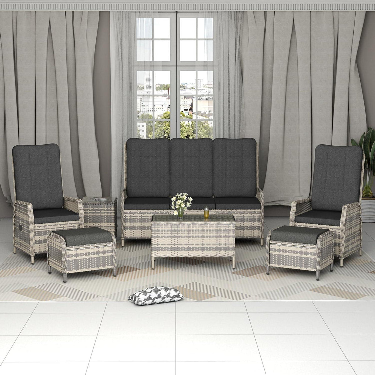 Polyrattan Lounge Set Schwarz Gartenmöbel 5 Personen verstellbare Rückenlehne