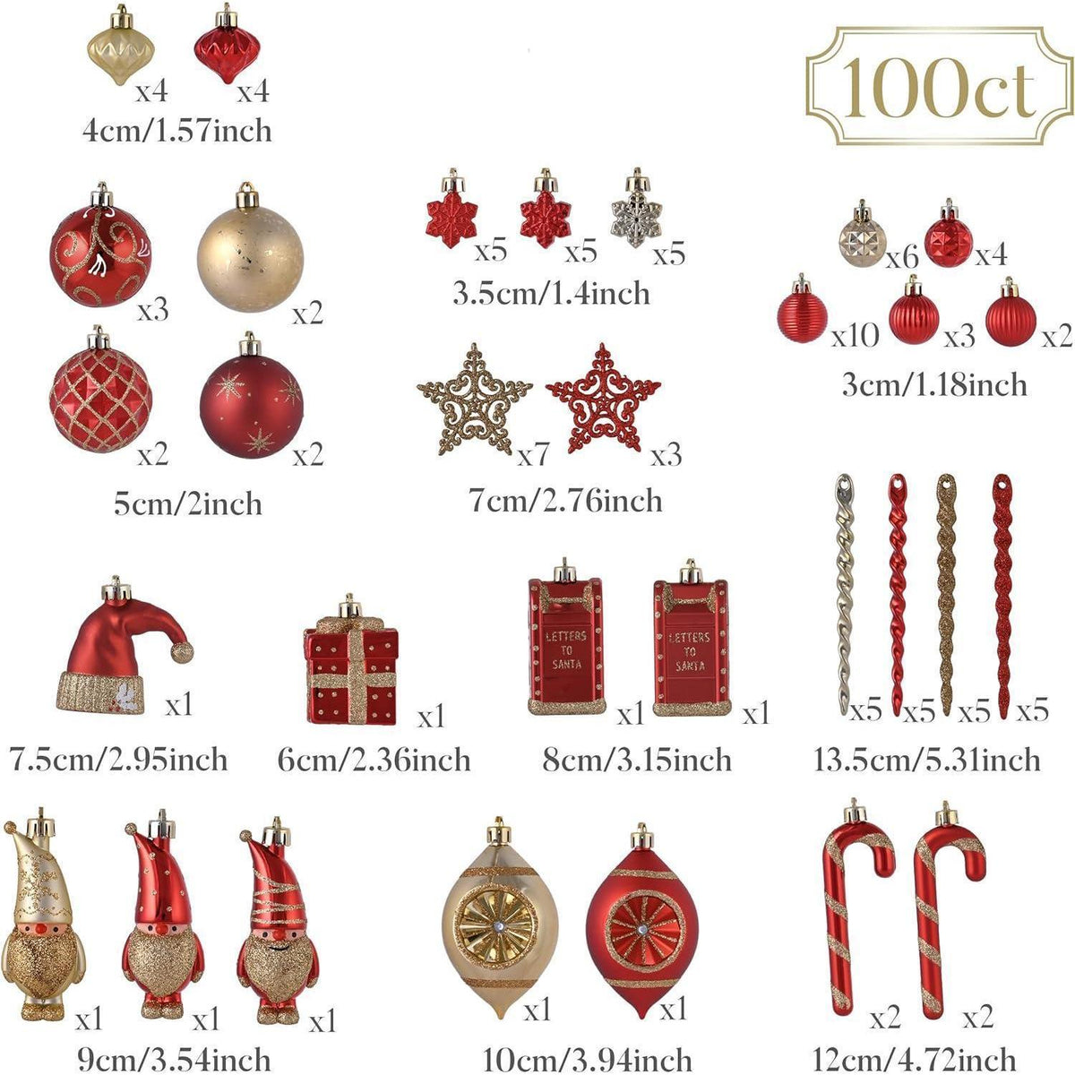 100 Weihnachtskugeln Rot Gold Bruchfest mit Geschenkpaket