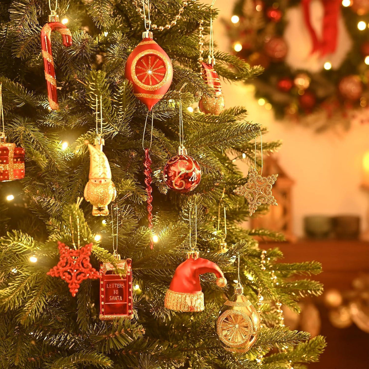 100 Weihnachtskugeln Rot Gold Bruchfest mit Geschenkpaket