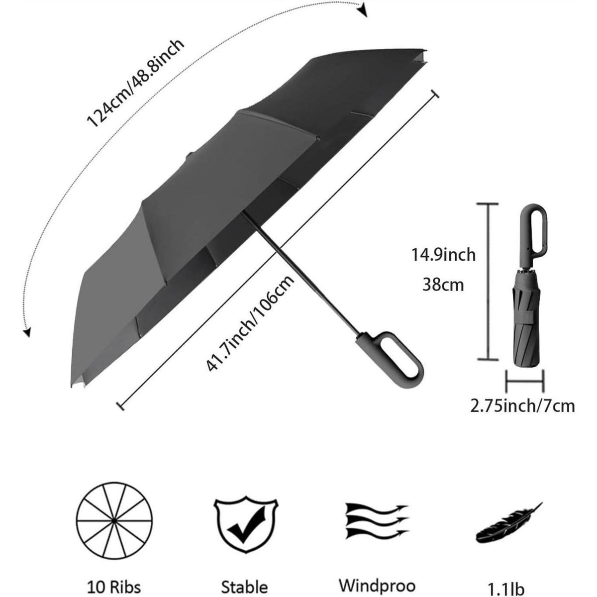 Großer Regenschirm 106cm, Sturmfest, Automatik, UV Schutz, Karabinergriff