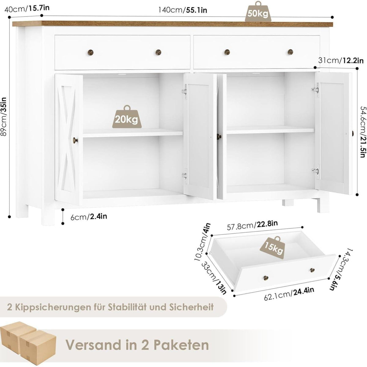 Weißes Sideboard 140cm | Küchenschrank mit Arbeitsplatte & Schubladen