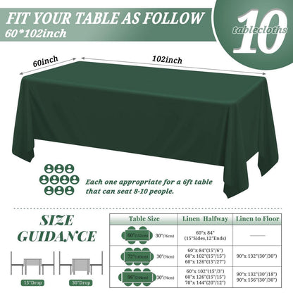 10er-Pack Jägergrüne Tischdecken 60x102 Zoll – Rechteckig & Waschbar