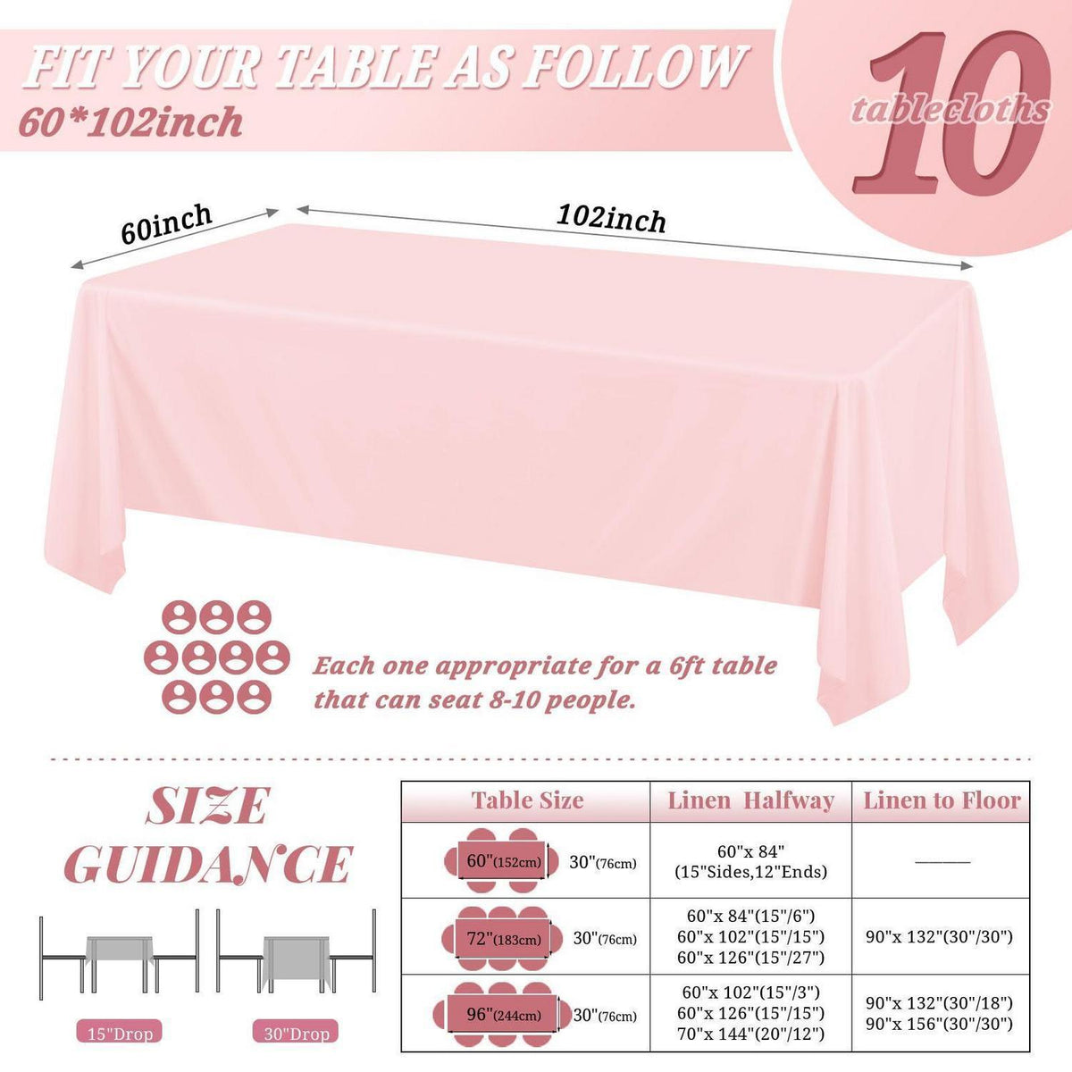 Rosa Tischdecke 10er-Pack – Rechteckig 1,8m – Fleckenresistent